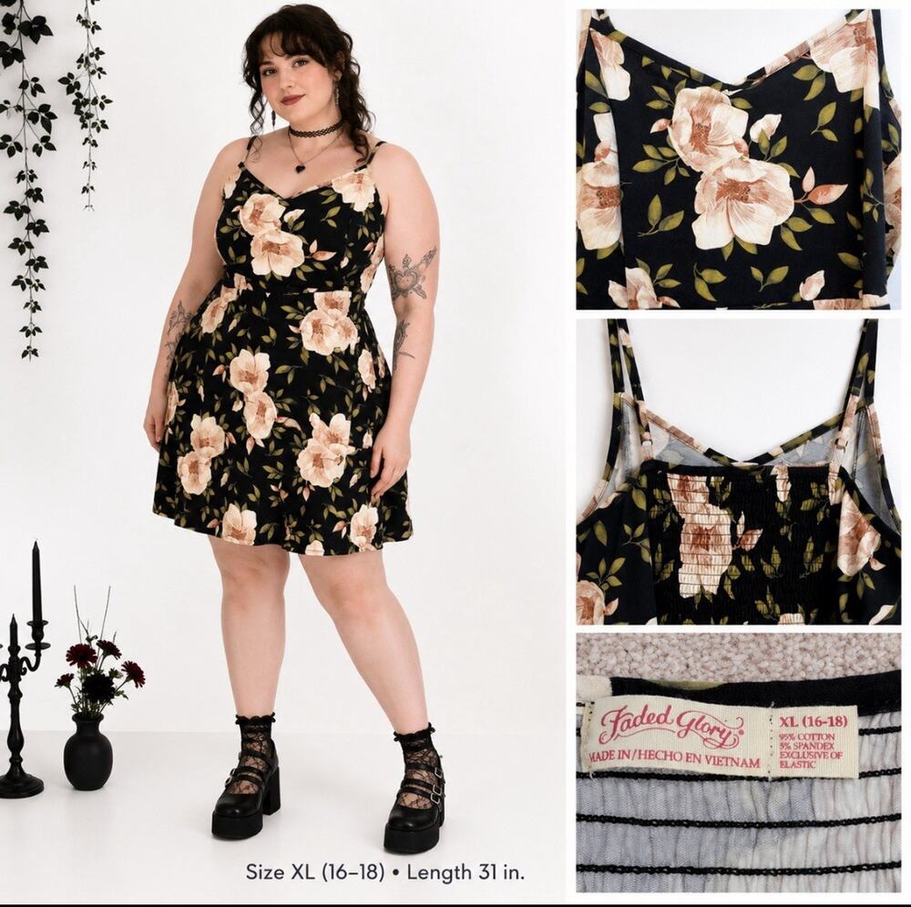 Y2K 2000s Cottagecore Faded Glory Floral Cami Sundress XL Black Floral Skater